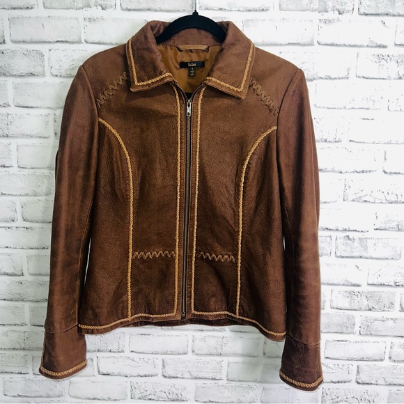 Reba Size Small Soft Leather jacket Brown Tooled Braided Stitching Full Zip - Picture 2 of 13